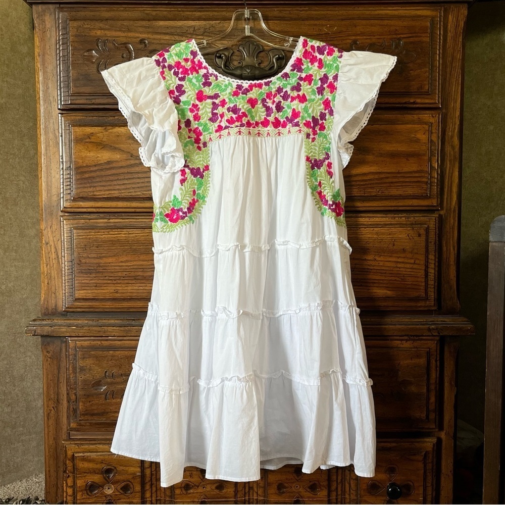 J. Marie 100% Cotton White with Floral Embroidered Accents Mini Dress